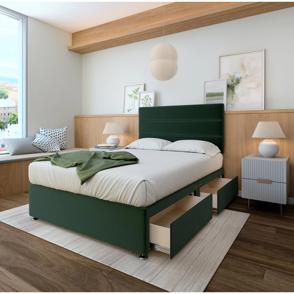 Bedmaster King Size Emerald Green Plush Velvet 4 Drawer Divan Base with Milan Headboard Image 2