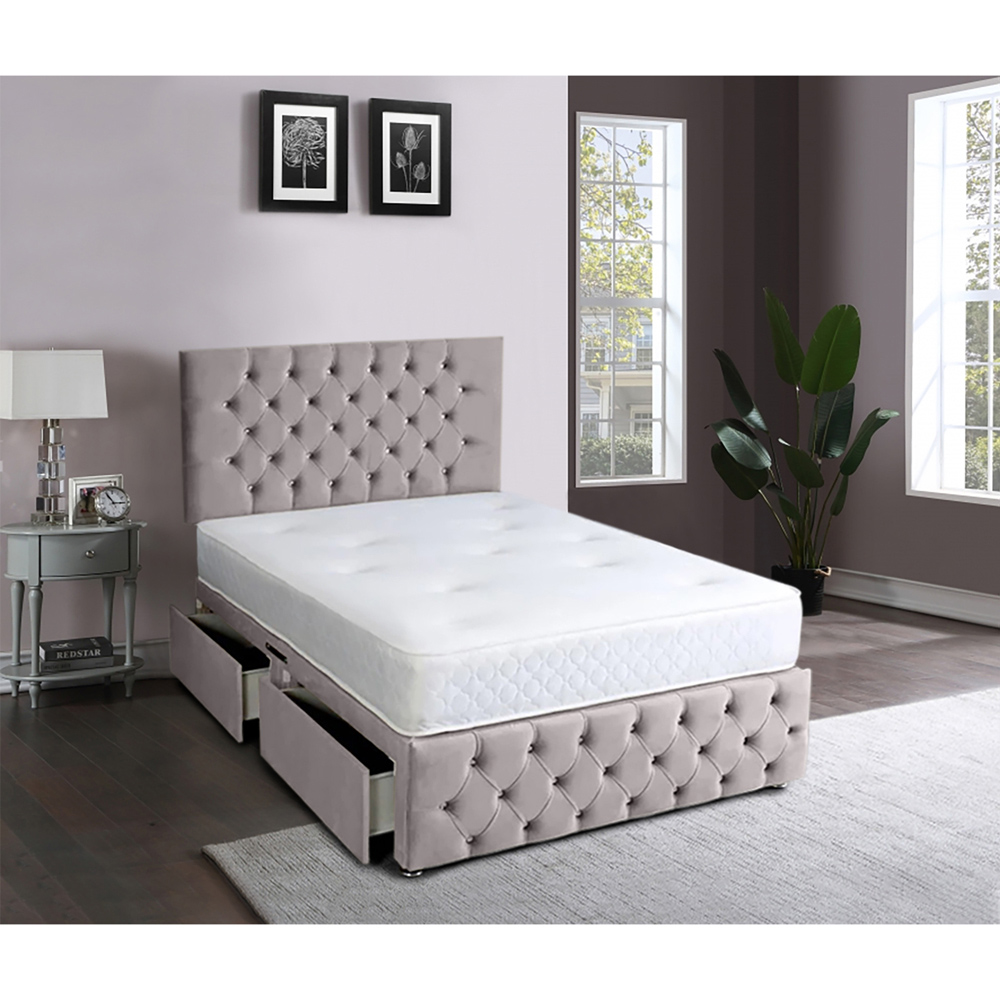 Eleganza Home Serenova Double Silver Plush Velvet 2 Drawer Divan Bed with Headboard Image 2