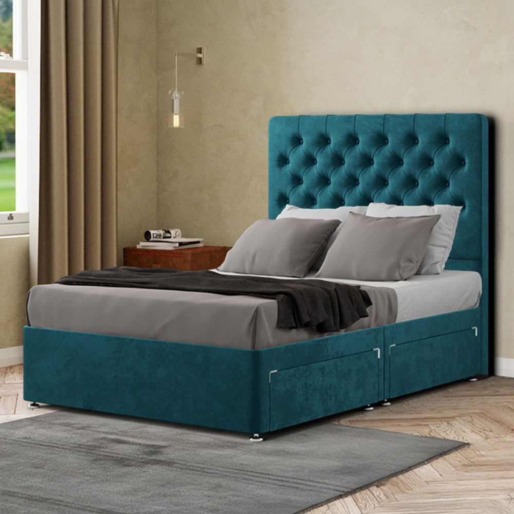 Portland Winchester Double Emerald Plush Divan Bed with 2 Drawers and Headboard Image 1
