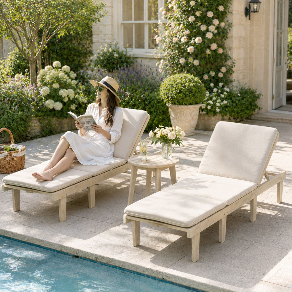 Direct Wicker Saned 5 Position Adjustable Wooden Twin Sun Lounger with Side Table Image 4