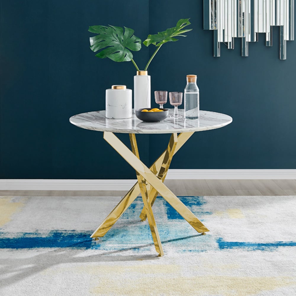 Furniturebox Arona 4 Seater Round Dining Table White Marble and Gold Image 7