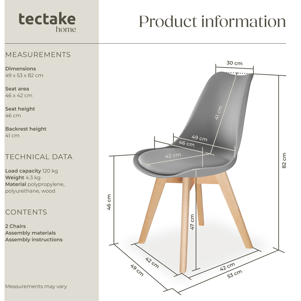 tectake Frederikke Set of 2 Grey Dining Chair with Padded Seat Image 9