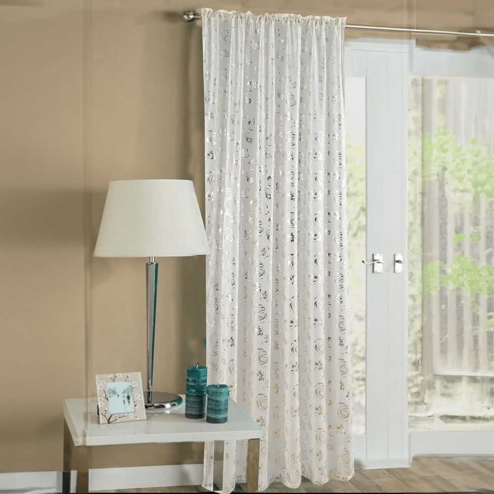 Velosso Geneva Cream Foil Flower Voile Panel Curtain 150 x 122cm Image 1