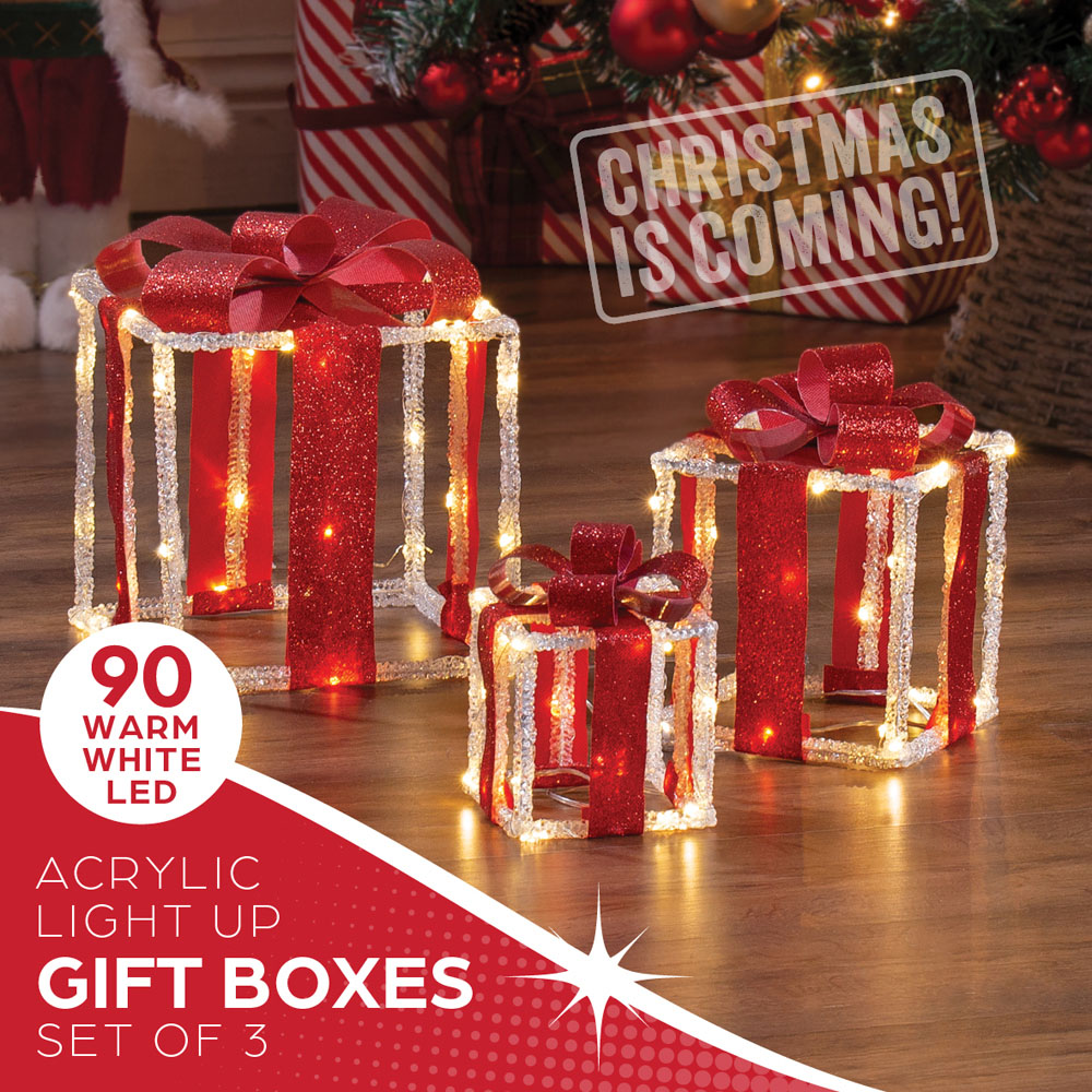 The Christmas Workshop 90 Warm White LED Acrylic Red Gift Box Decoration Set of 3 Image 4