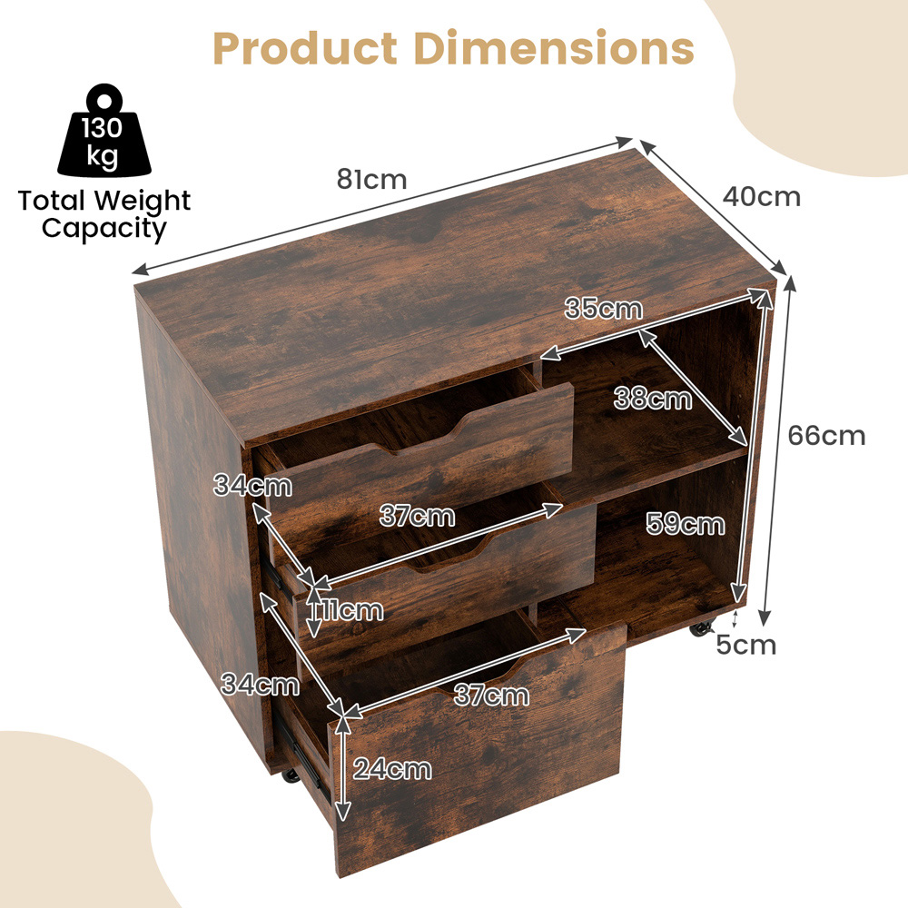 Costway 3 Drawer 2 Shelf Rustic Brown Mobile File Cabinet Image 9