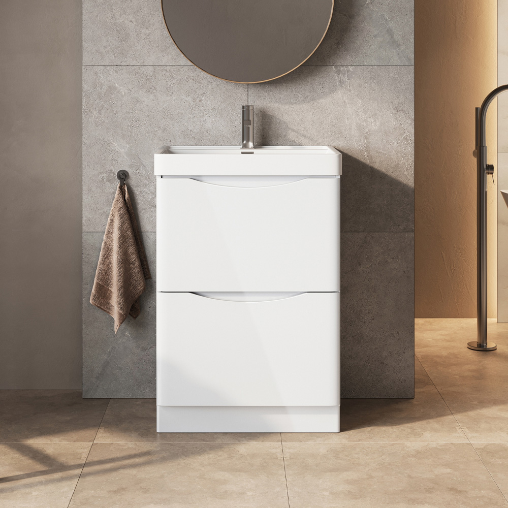 Go Bathrooms Eaton 2 Drawer White Gloss Floor Standing Vanity Unit with Resin Basin 600mm Image 4