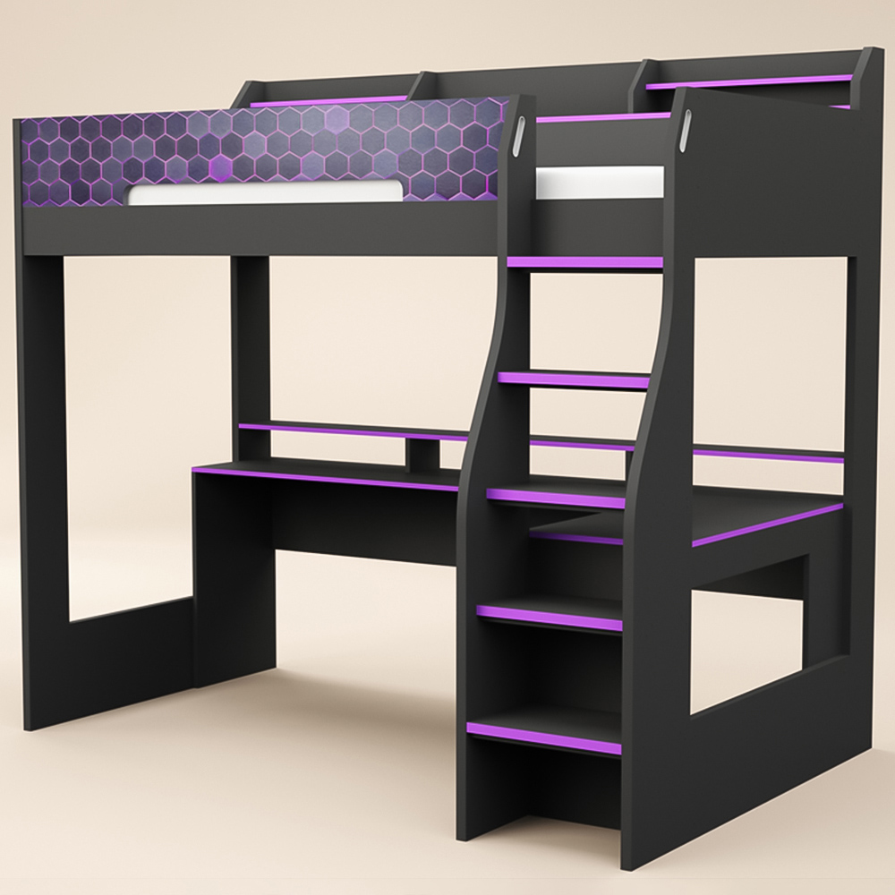 Recoil Ultimate Small Double Charcoal and Purple Gaming High Sleeper Bed with LED Image 2