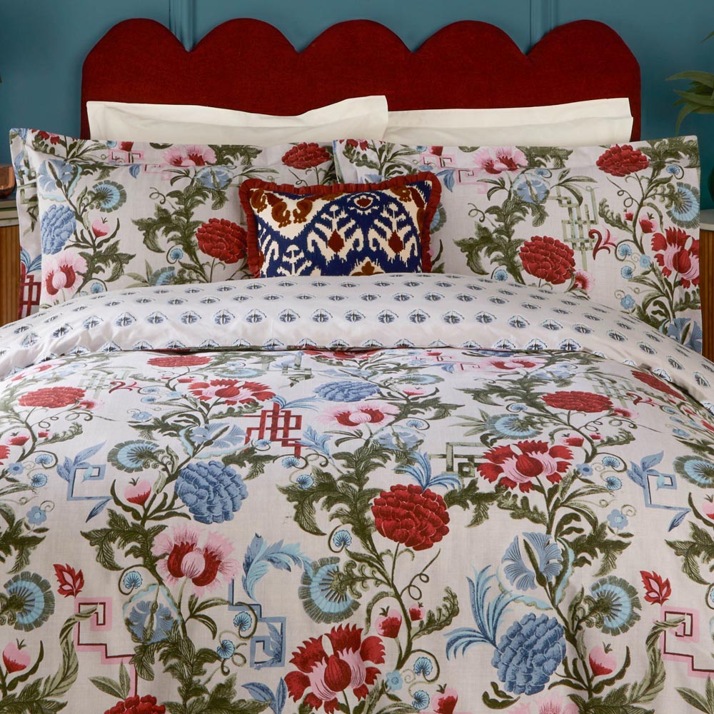 Seventy Three Ishana Super King Size Redcurrent and French Blue Reversible Floral Duvet Set Image 3