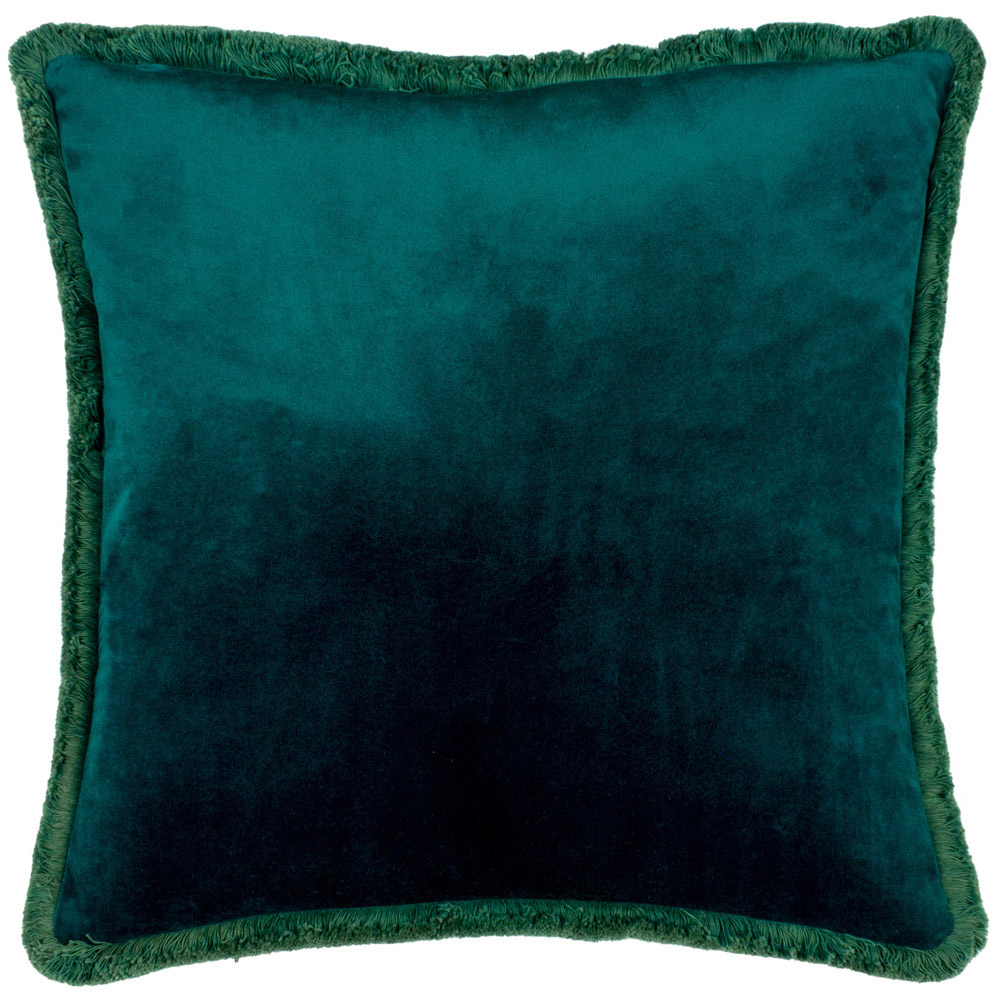 Paoletti Freya Teal Velvet Fringed Cushion Image 1