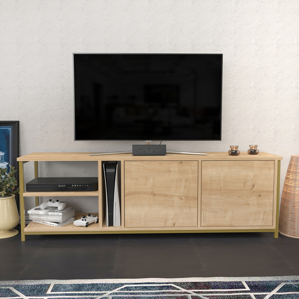 Decorotika Primrose 2 Door 3 Shelf Gold and Oak TV Stand for 72 inch TV Image 4