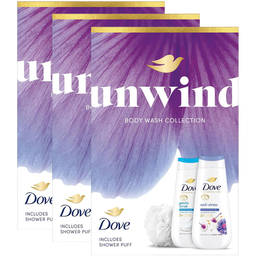 Dove Unwind Gentle Scrub and Anti Stress Bodywash Duo Gift Set 225ml 3 Pack Image 1