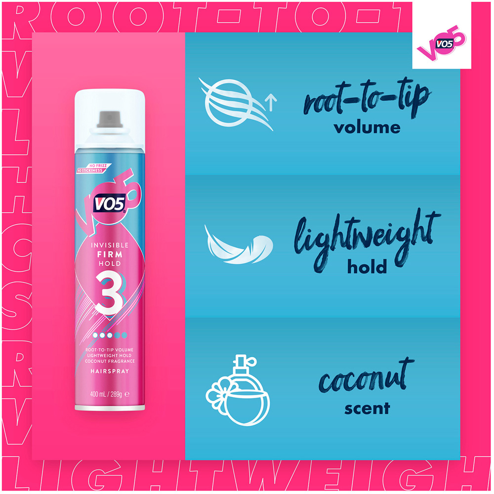 VO5 Firm Hold Anti-Frizz 24H Humidity Protection Hair Spray Mist 400ml 6 Pack Image 7