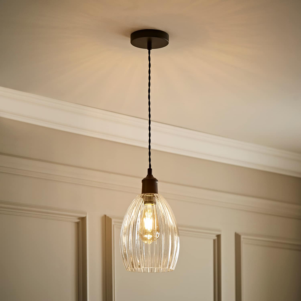ValueLights Cheltenham Ribbed Shade Matte Black Ceiling Pendant Light with Bulb Image 6