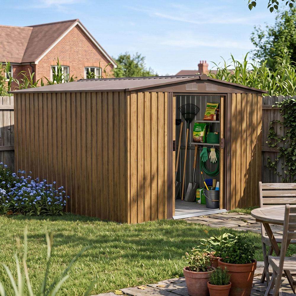 Living and Home 8 x 8ft Brown Wood Grain Metal Apex Garden Storage Shed with Foundation Image 7