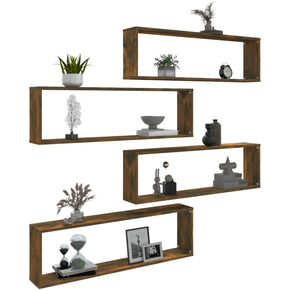vidaXL 100 x 15 x 30cm Set of 4 Smoked Oak Cube Wall Shelf Image 7