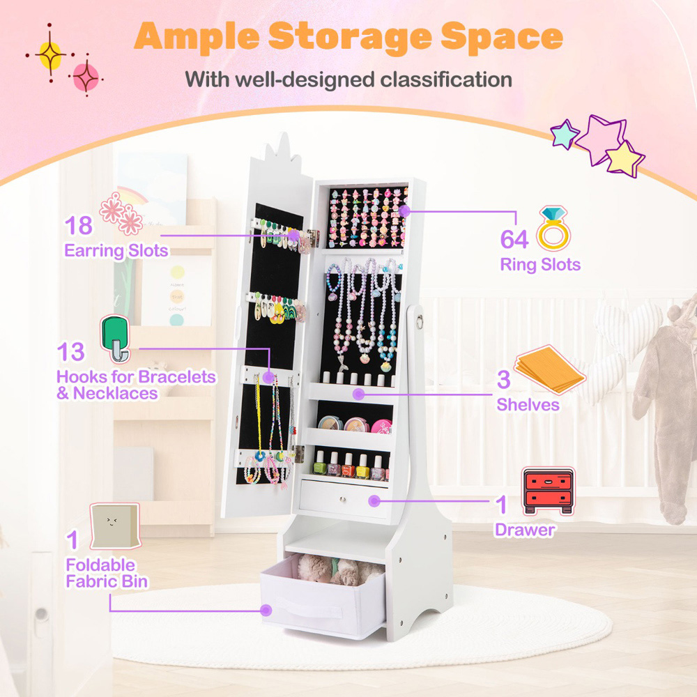Costway Kids Single Drawer 3 Shelf White Mirrored Jewellery Cabinet Image 7