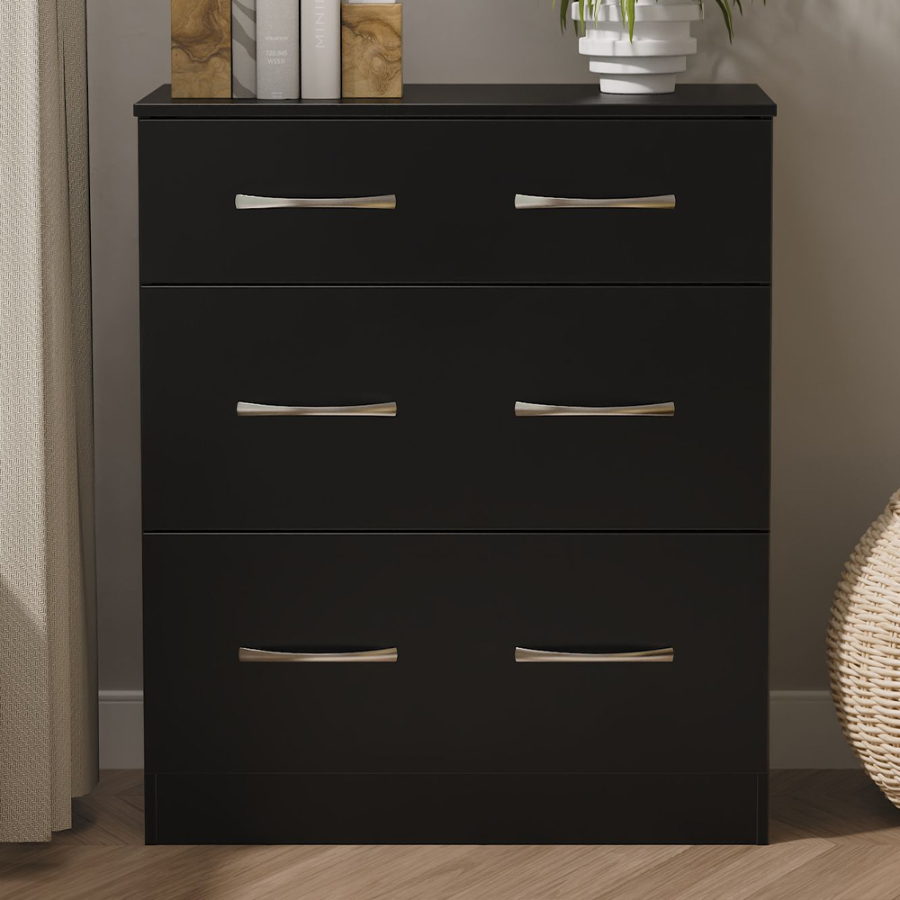 Crowndale Avon 3 Drawer Matt Black Deep Chest of Drawers Ready Assembled Image 1