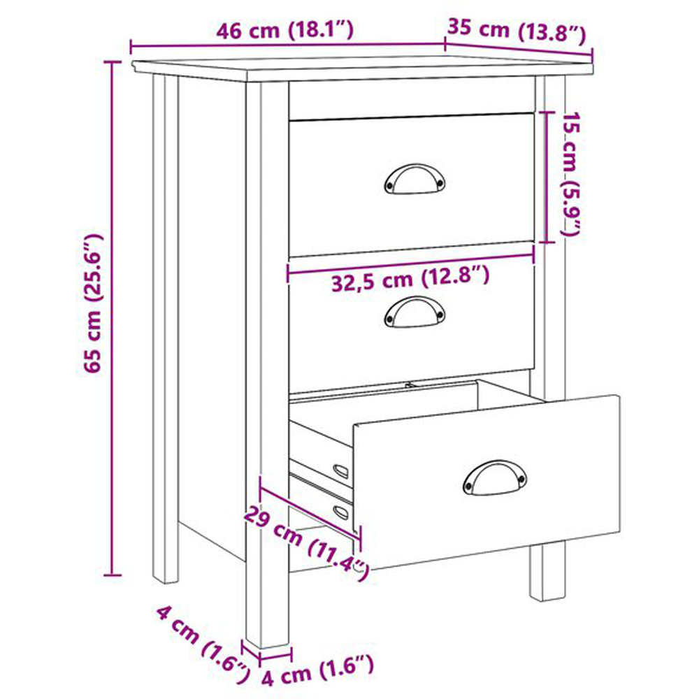 vidaXL Hill 3 Drawer White and Honey Brown Solid Pine Wood Bedside Table Image 6