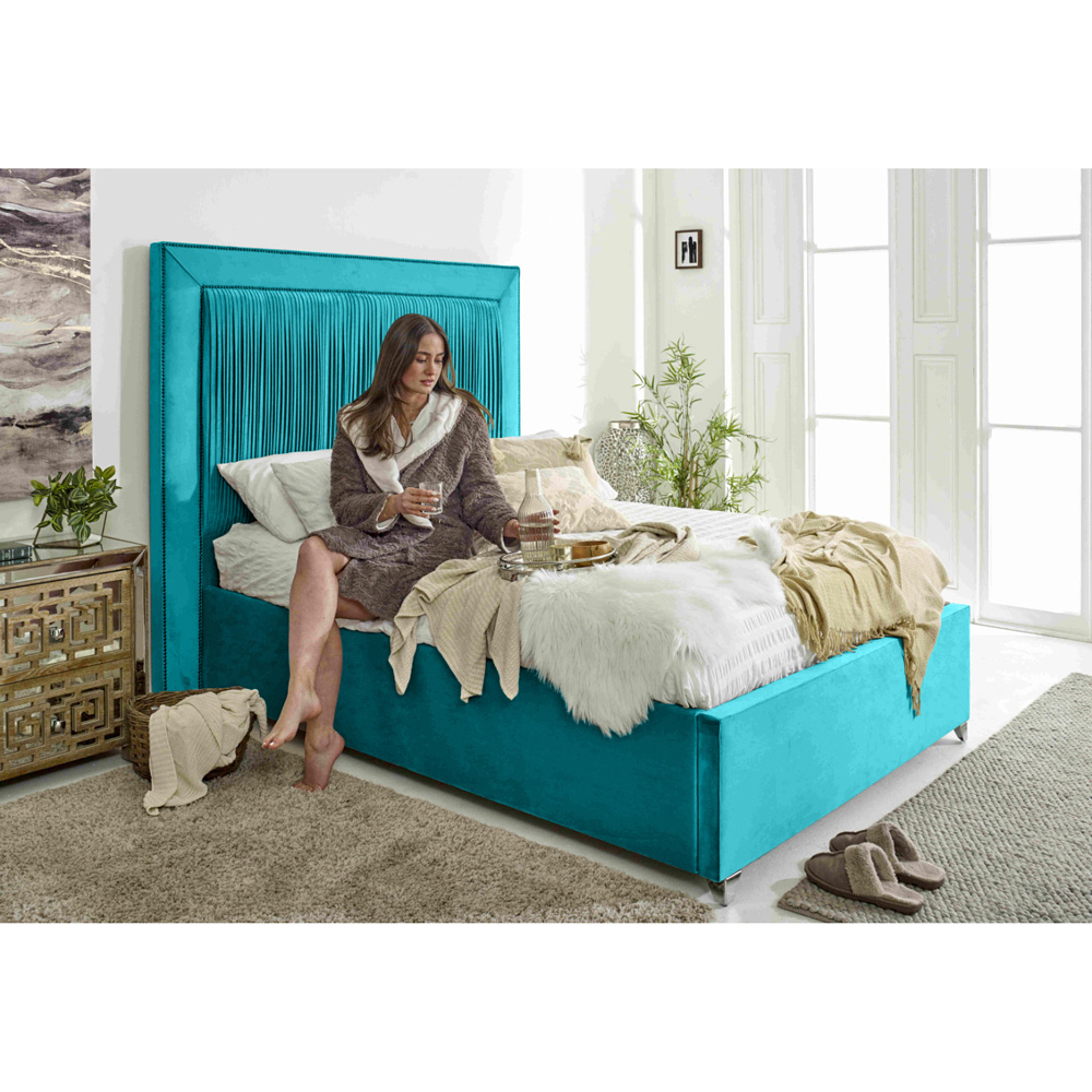 Eleganza Alexandra Small Double Teal Plush Velvet Bed Frame with Pleated Headboard Image 4