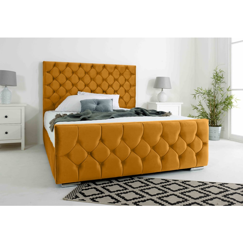 Eleganza Maya Small Double Mustard Plush Velvet Bed Frame with Chesterfield Headboard Image 2