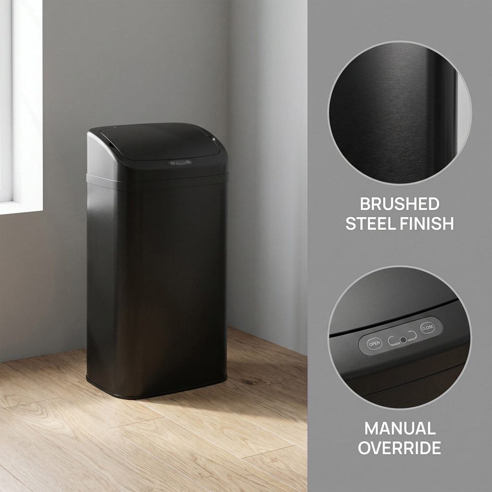 HOMCOM Black Galvanised Steel Kitchen Sensor Bin with Automatic Close 48L Image 4