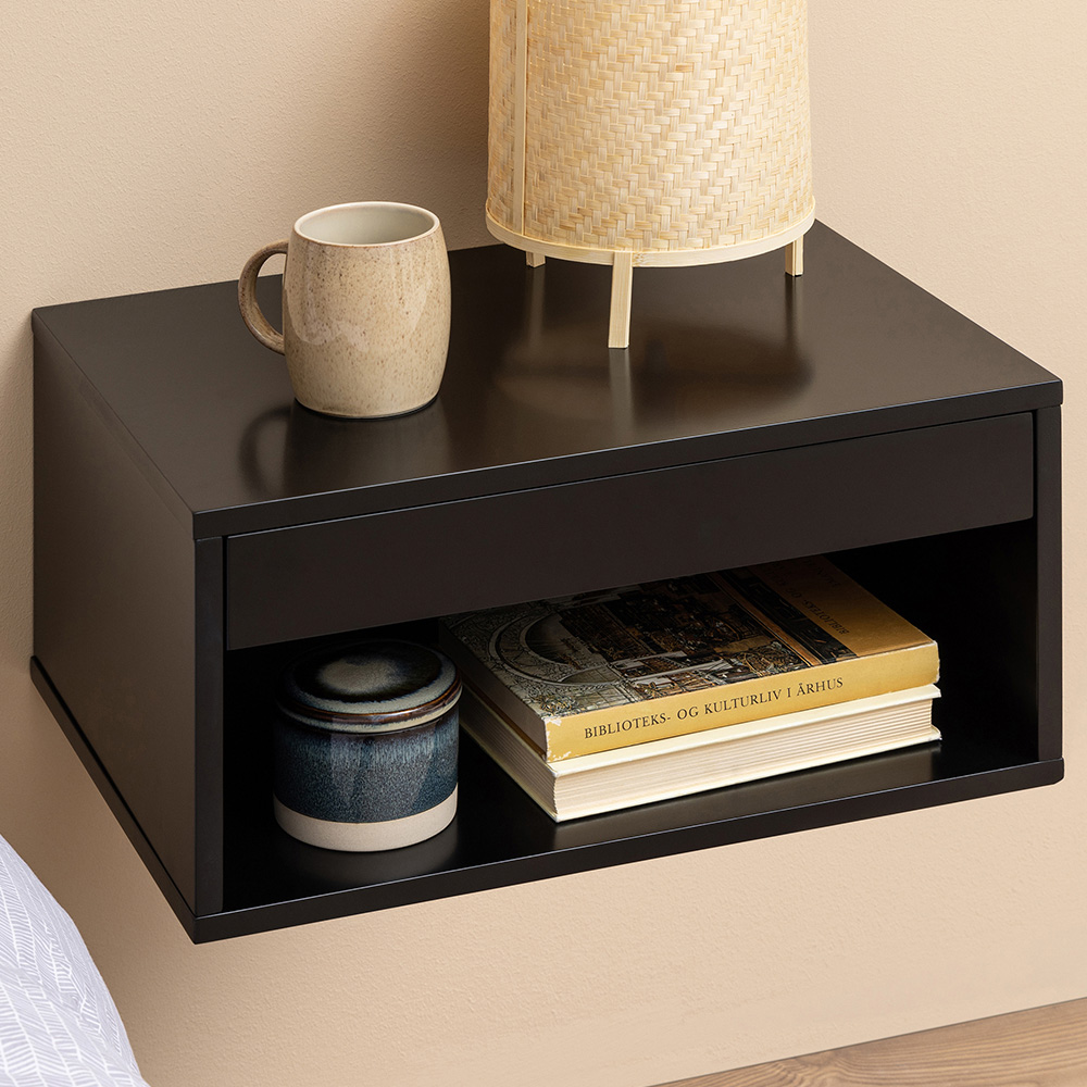 Florence Cholet Single Drawer Single Shelf Black Square Bedside Table Image 1