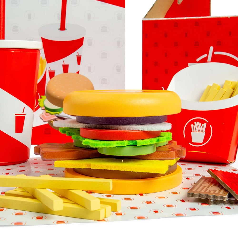 Bigjigs Toys Kids 48 Pieces Wooden Burger and Fries Pretend Playset Image 6