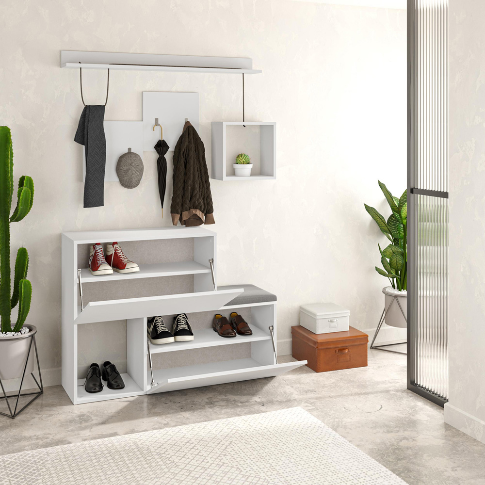Decortie Holdon 2 Door 2 Shelf 4 Hooks White Shoe Cabinet with Hanging Rail and Bench Image 4