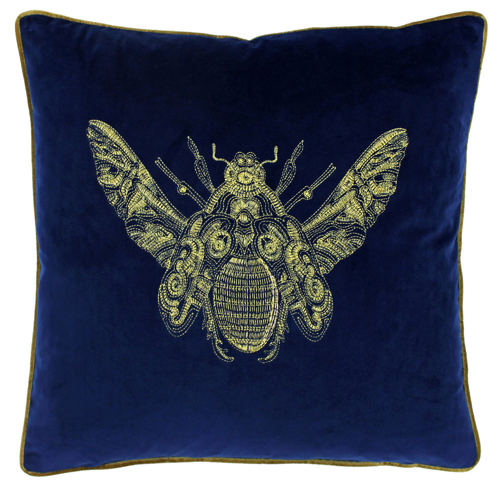 Paoletti Cerana Royal Blue Embroidered Velvet Cushion Image 1