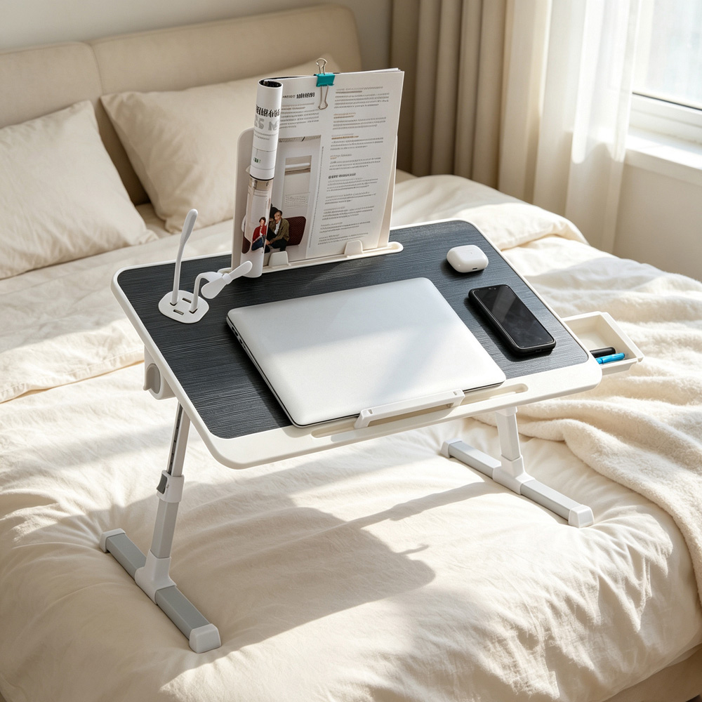 Living and Home Dark Grey and White Adjustable Laptop Bed Table with USB Ports and Drawer Image 7