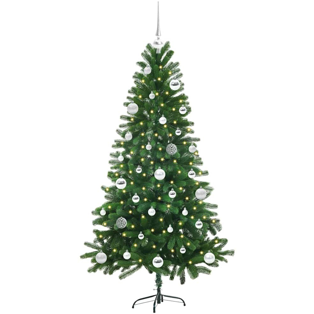 vidaXL Pre-Lit Silver Baubles Green Artificial Christmas Tree 5ft Image 1