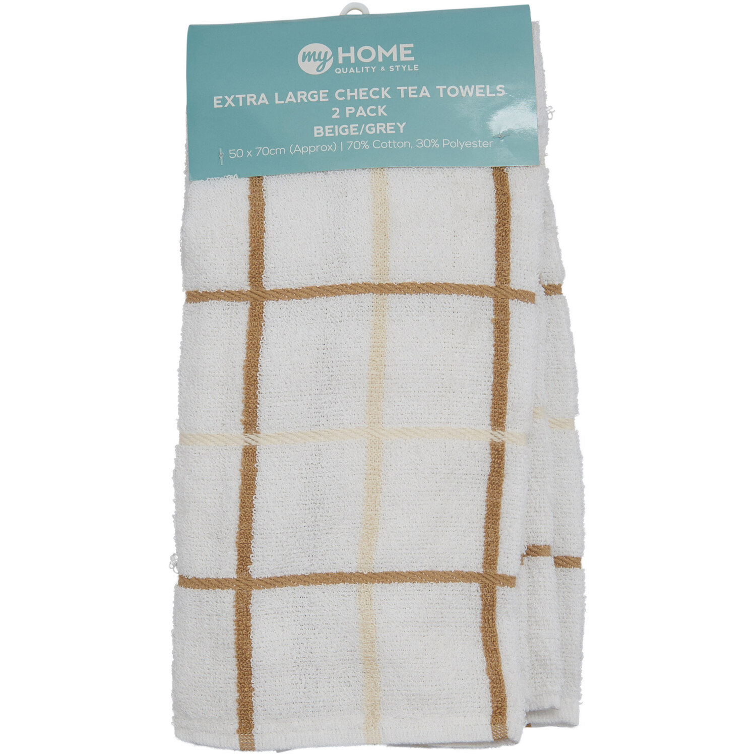 Pack of 2 Extra Large Check Tea Towels - Beige/Grey Image 1