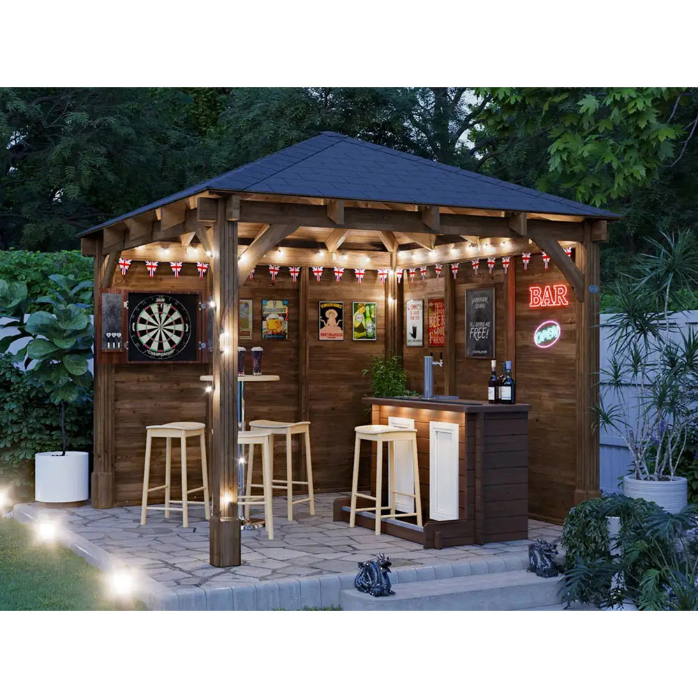 Dunster House Leviathan 3 x 3m Brown Log Bar Garden Gazebo with Heavy Duty Roof Shingles Image 3