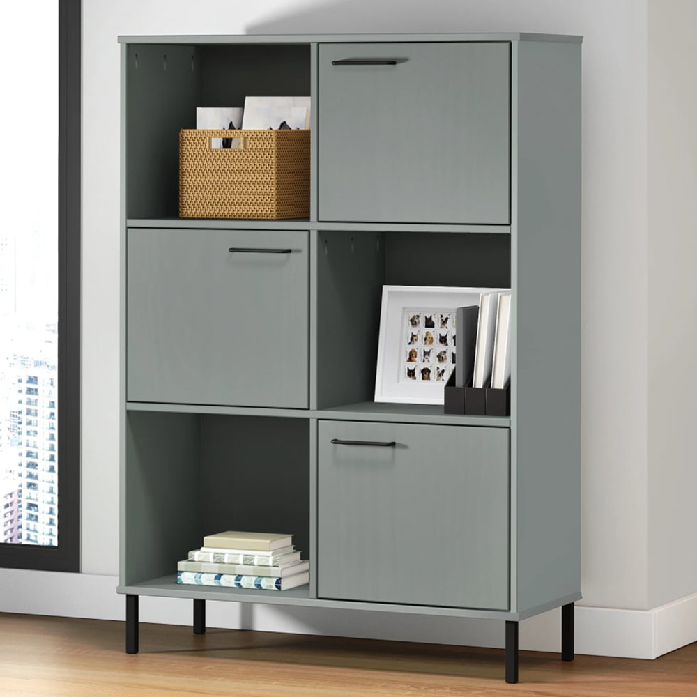 vidaXL Oslo 3 Door 3 Shelf Grey Solid Pine Wood and Metal Bookcase Image 1