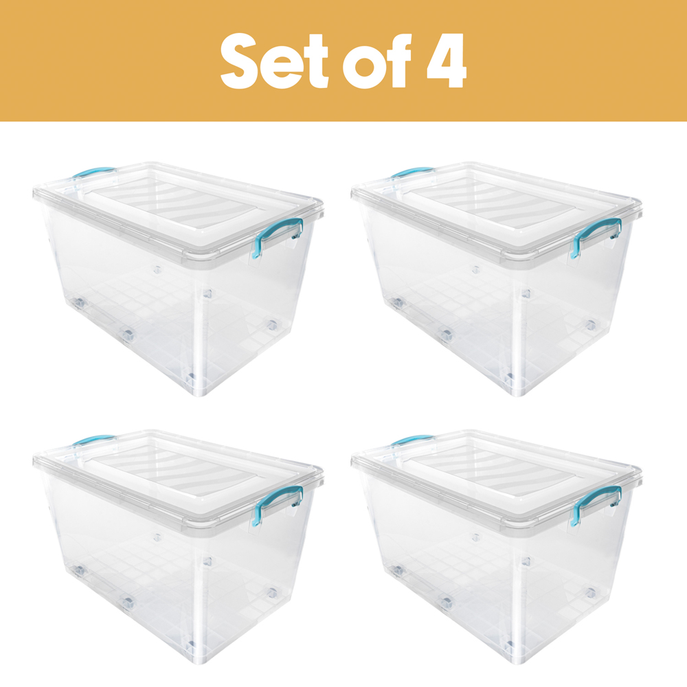 JVL 50L Clear Plastic Stackable and Nestable Storage Box with Wheels and Clip Lid 4 Pack Image 2