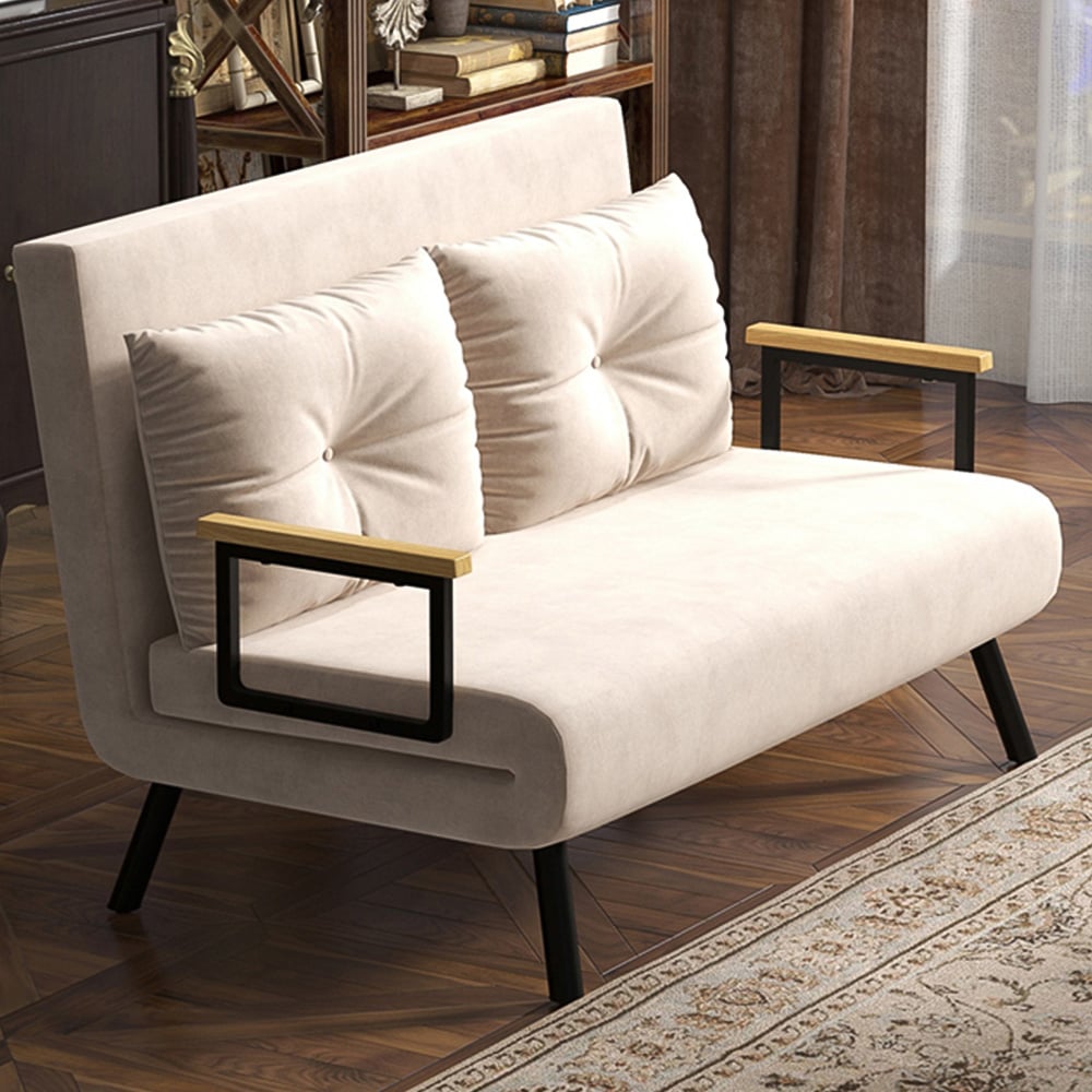 HOMCOM 2 Seater Beige Velvet Feel Fabric Convertible Sofa Bed Image 1