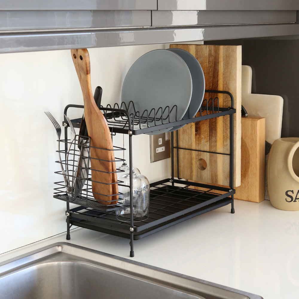 Harbour Housewares 2-Tier Black Metal Dish Drainer Rack with Drip Tray Image 2