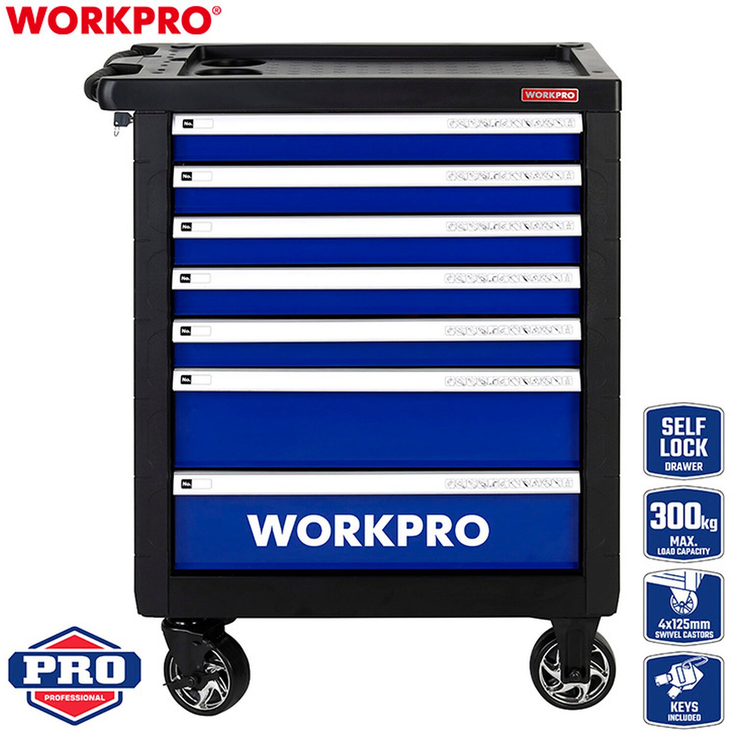 Workpro 7 Drawer Tool Roller Cabinet on Wheels - Black Image 2