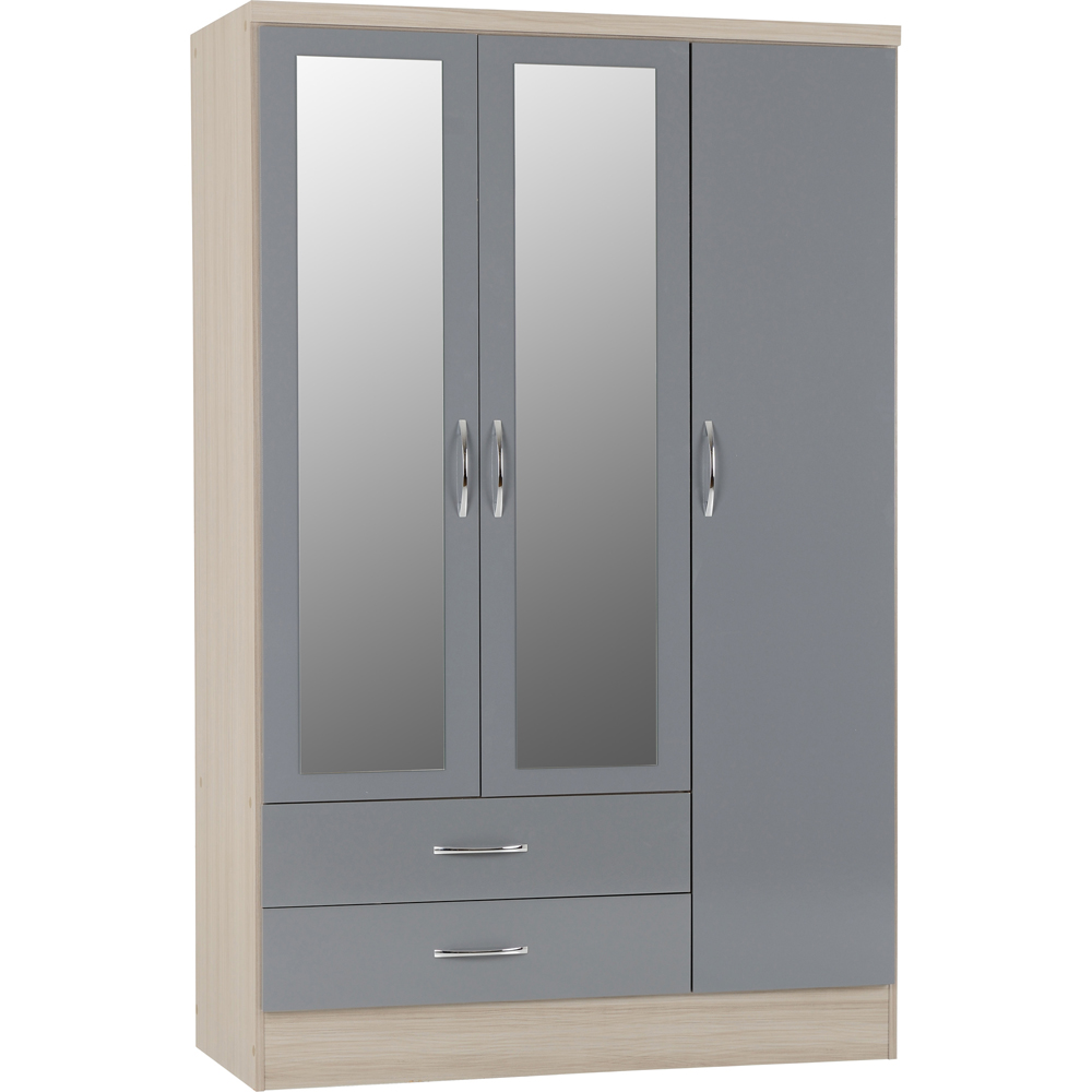 Seconique Nevada 3 Door 2 Drawer Grey Gloss and Light Oak Veneer Mirrored Wardrobe Image 2