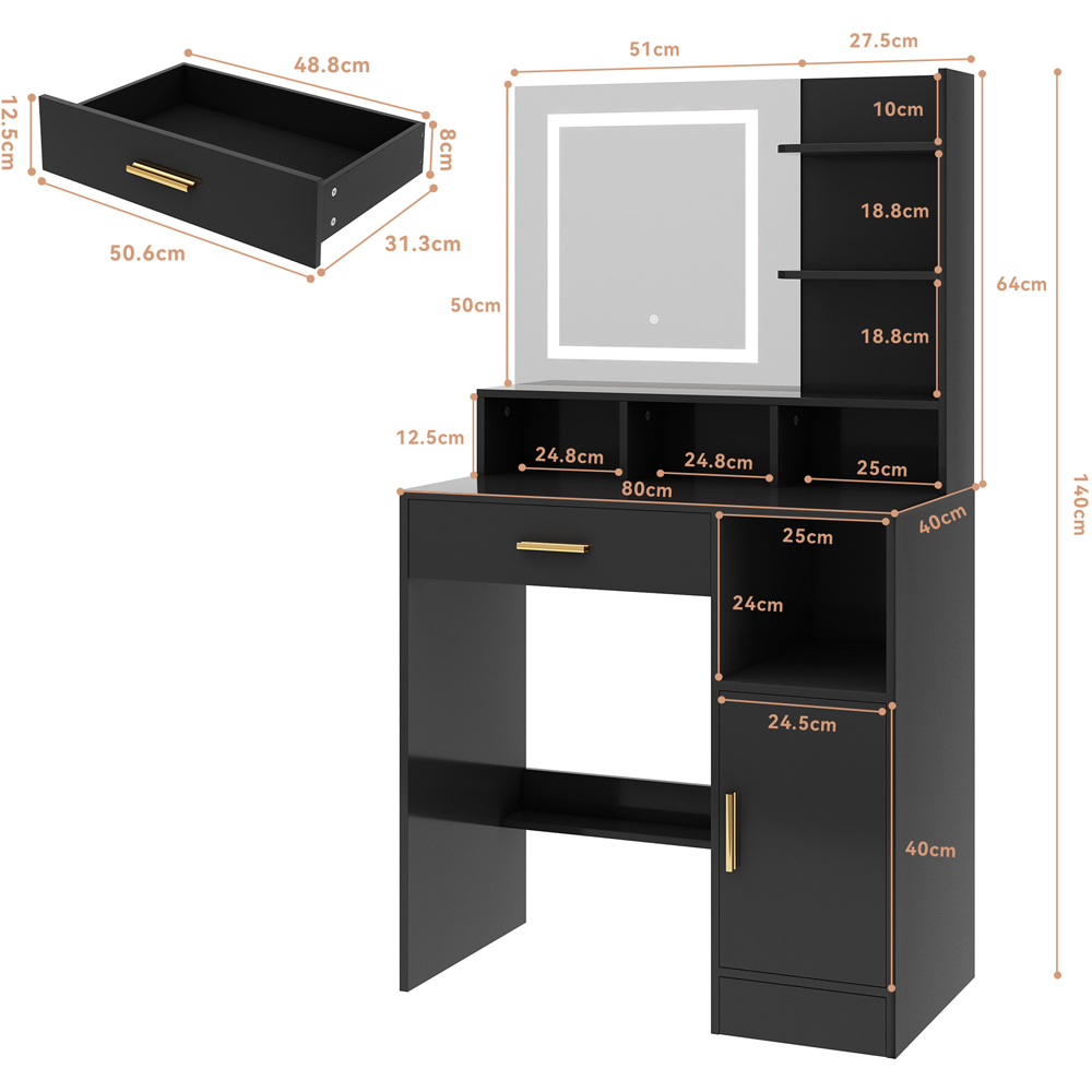 Brooklyn Truro Single Door Single Drawer 7 Shelf Black Adjustable Dressing Table with LED Mirror Image 9