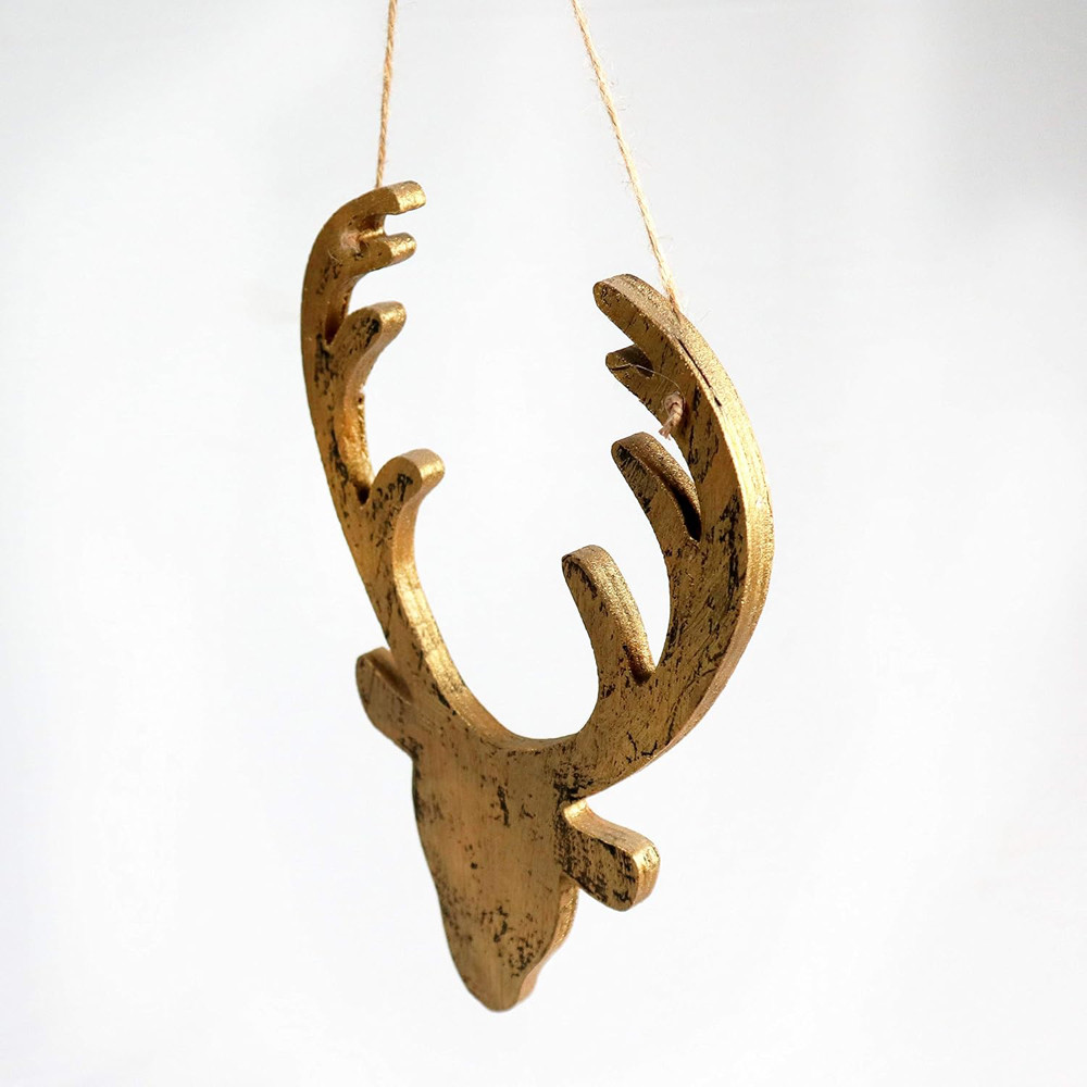 Shatchi Golden Deer Head Wooden Hanging Christmas Decoration 26cm Image 3