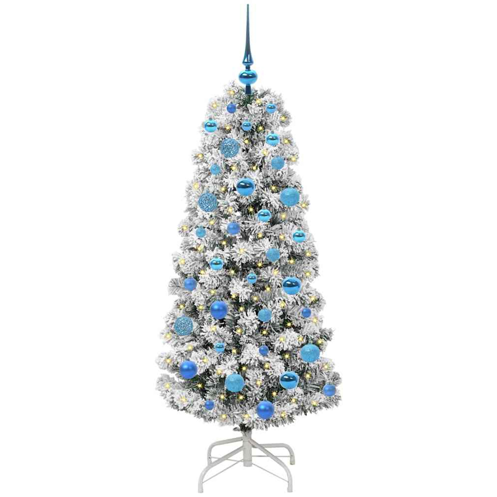 vidaXL Pre-Lit Warm White LED and Blue Baubles Snow Flocked Artificial Christmas Tree 5ft Image 1