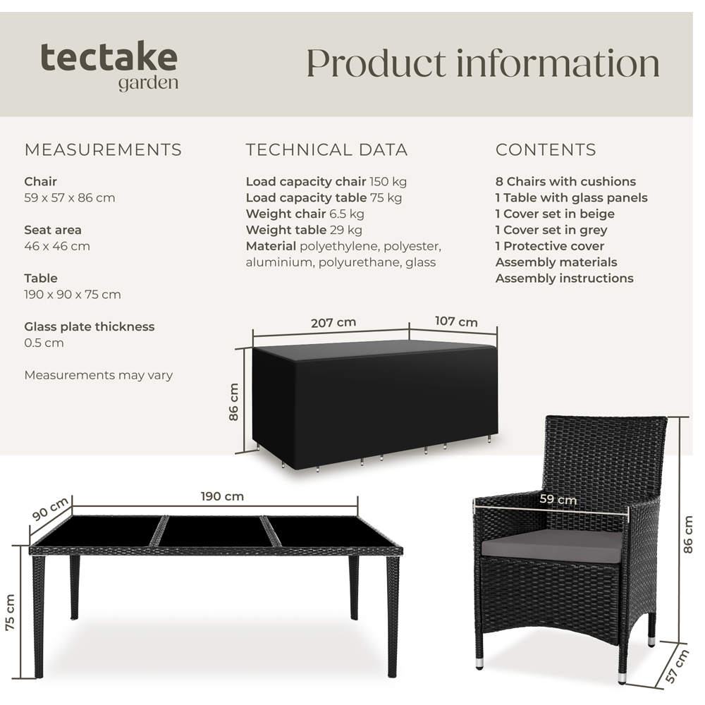 tectake Menorca 8 Seater Black Dining Table Set with Cover Image 9