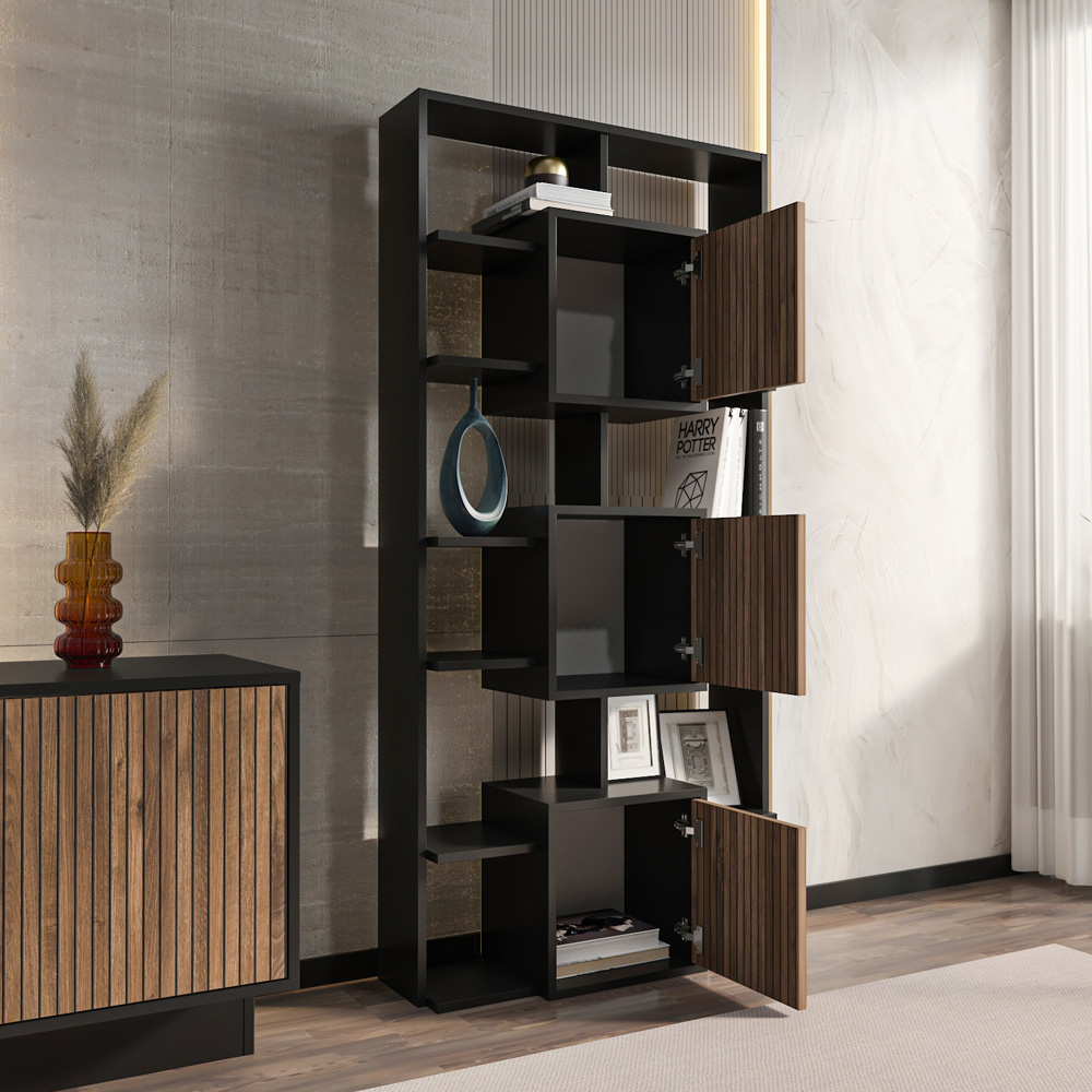 Decorotika Monaco 3 Door 12 Shelf Black Alina Bookcase Image 5