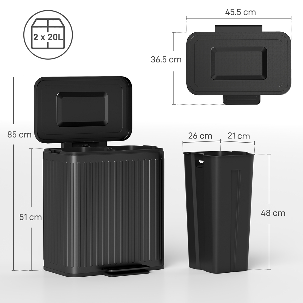 HOMCOM Black Double Rubbish Bin with Soft Close Lid 40L Image 9