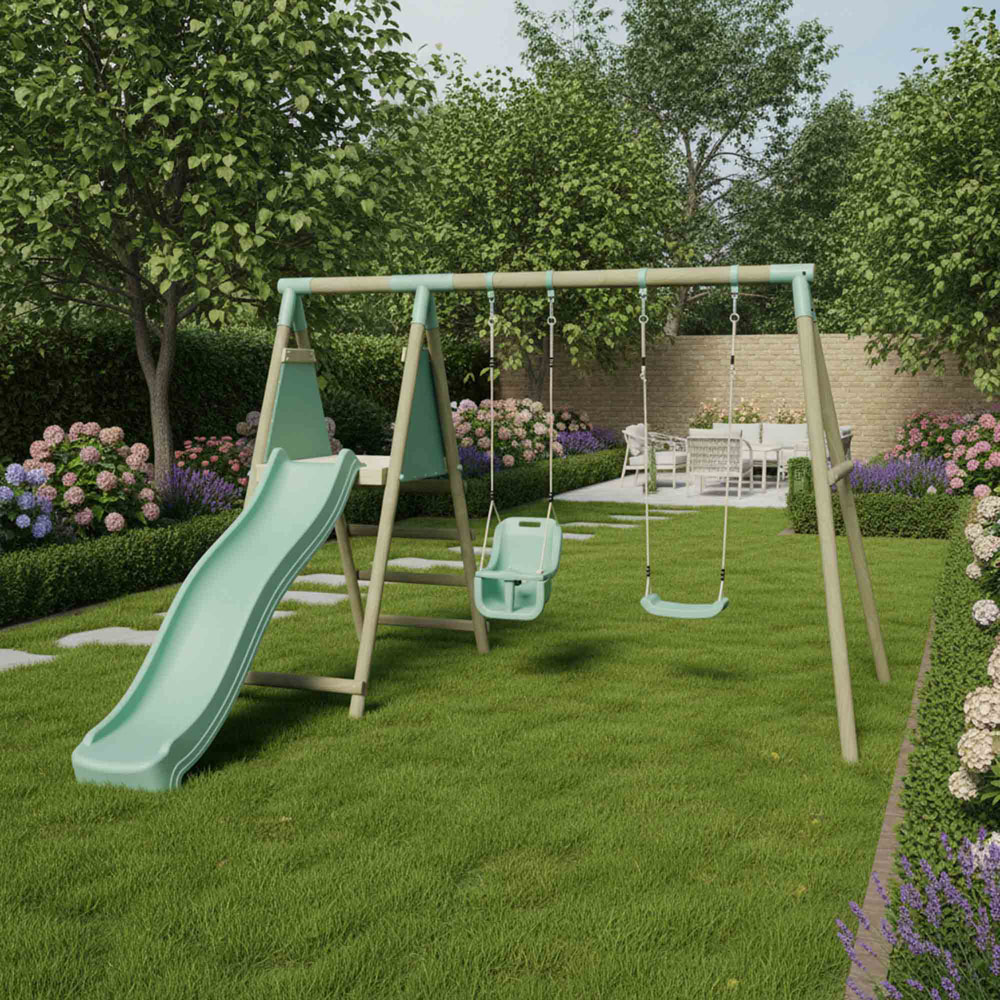 Mercia Wooden Round Pole Single Swing and Baby Seat Swing Set with Slide Image 2