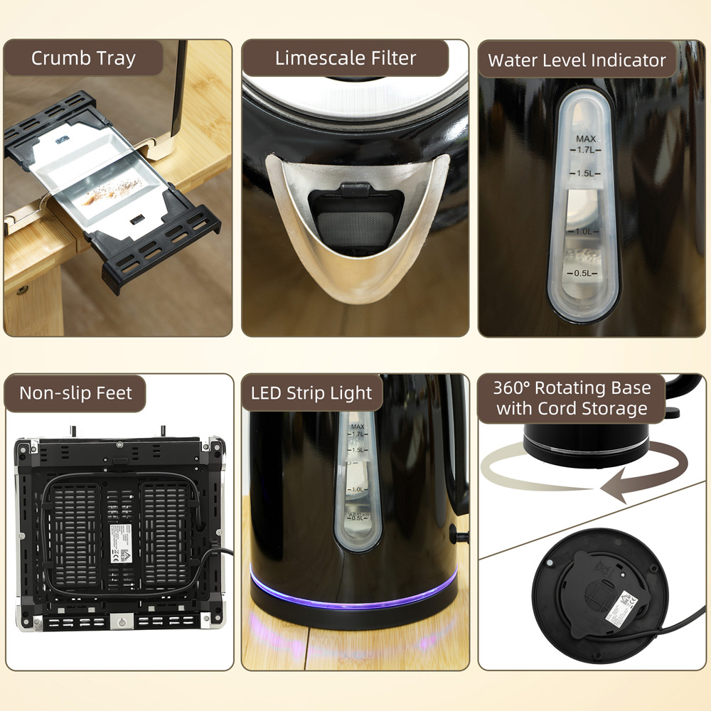HOMCOM 800-290V70BK Black 1.7L Kettle and 4 Slice Toaster Set 3000W Image 3