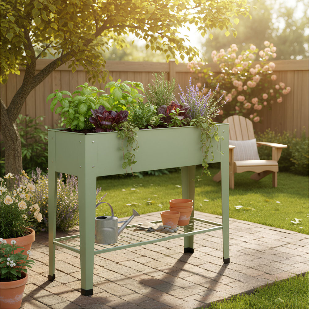 Harbour Housewares Green Galvanised Steel Raised Garden Bed with Legs and Storage Shelf Image 3