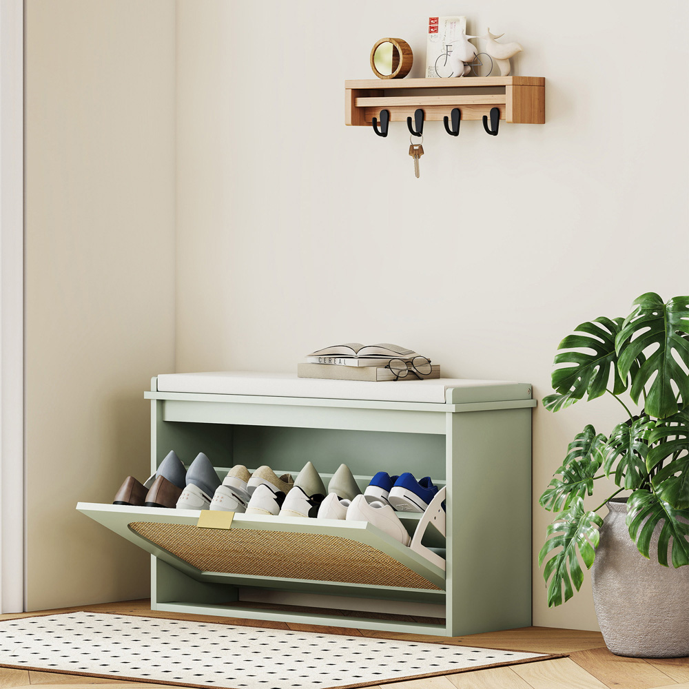 HOMCOM Single Flip Down Drawer Light Green Boho Rattan Shoe Rack Bench Image 3
