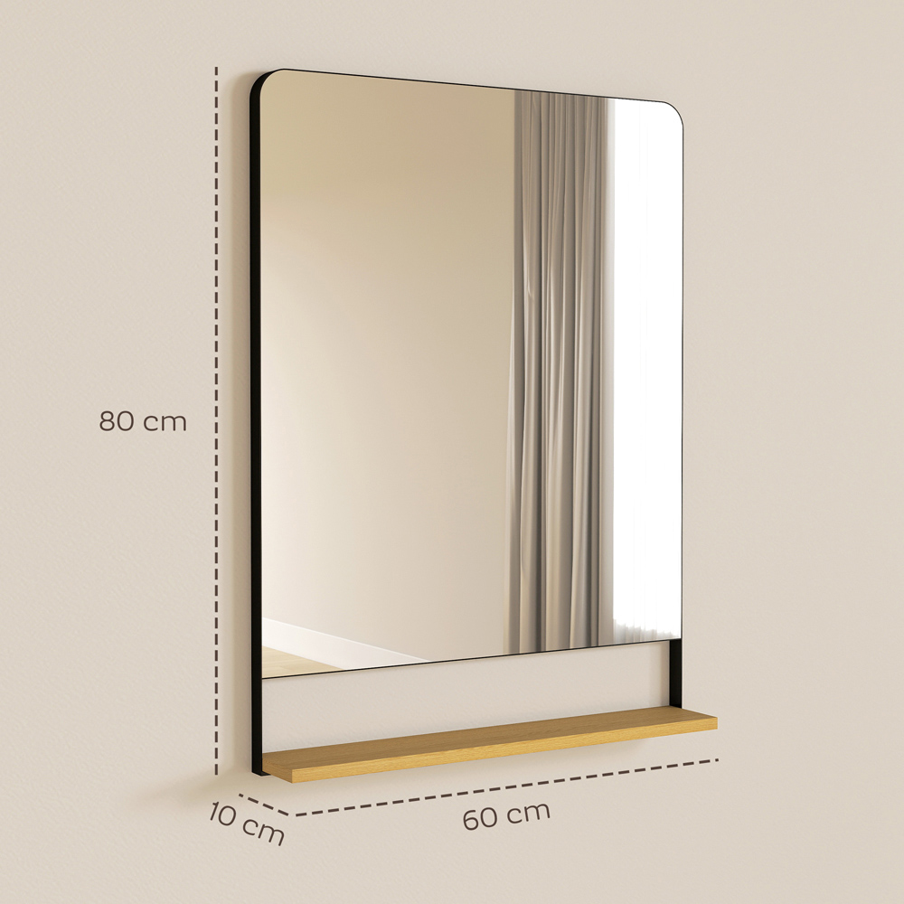 Portland Black Metal Frame Industrial Wall Mirror with Wood Shelf 80 x 60cm Image 9